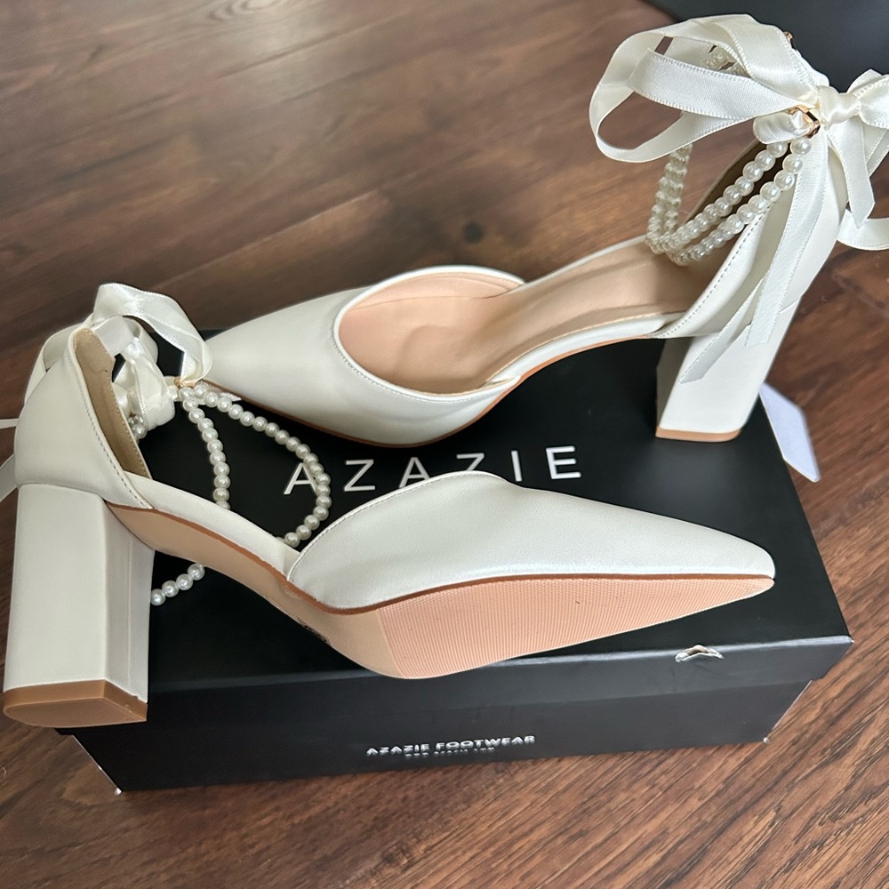 Azazie PEARL BOW ANKLE STRAP PUMPS - Picture 3 of 11